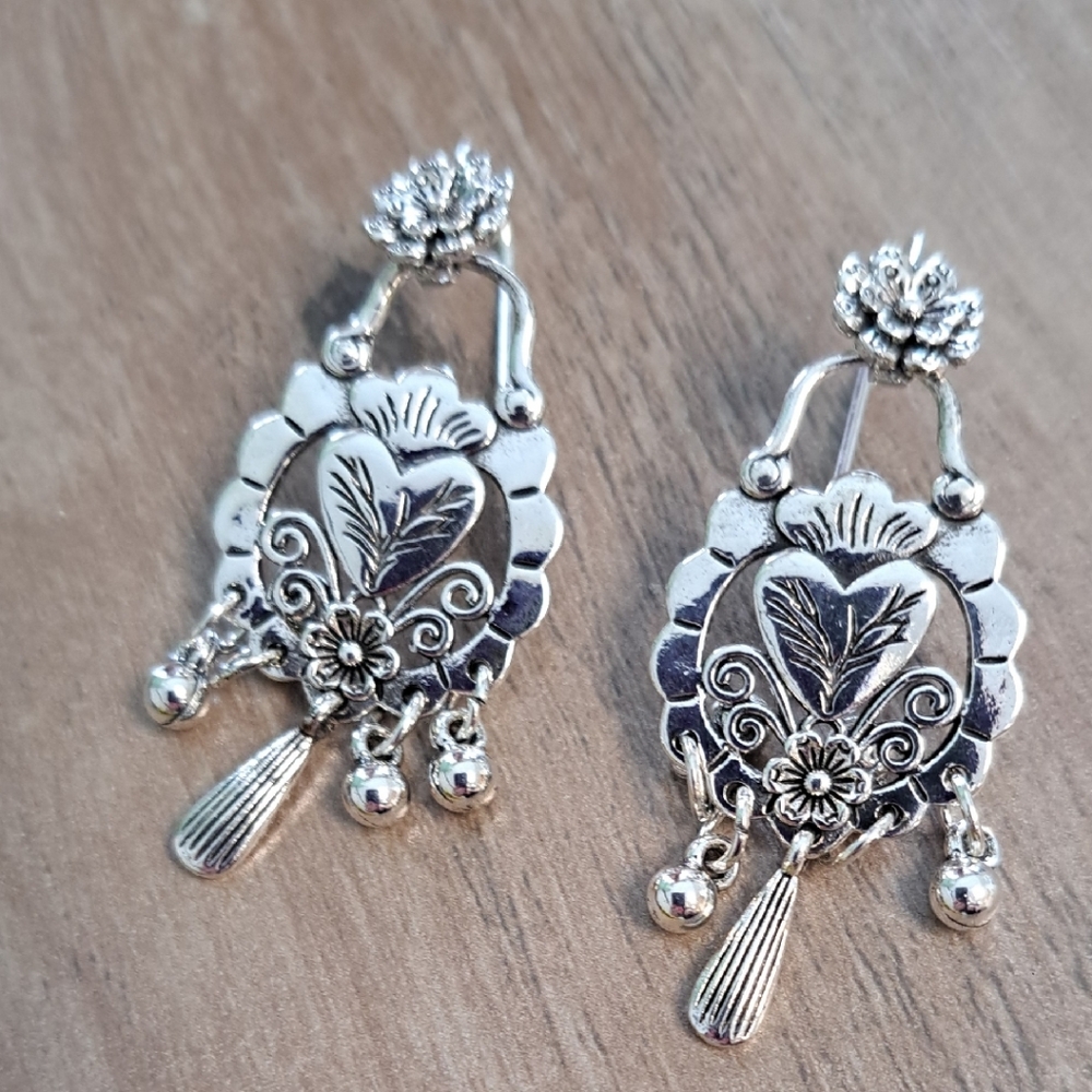 Intricate Silver Heart and Floral Earrings